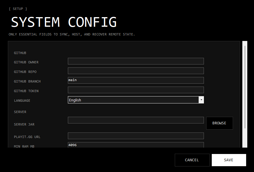 Panel de configuración de MCSync con campos para GitHub Owner, Repo, Branch, Token, Server Jar path y Playit.gg URL
