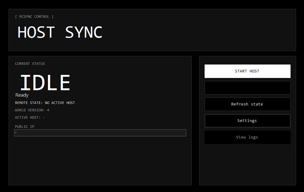 Dashboard principal de MCSync mostrando el estado del servidor y los botones de acción