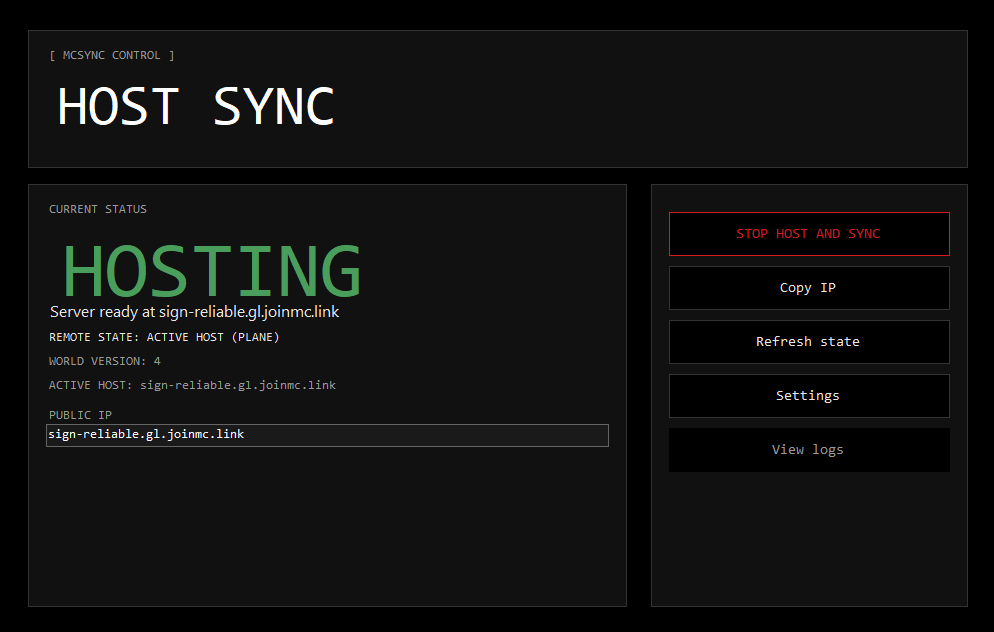 Dashboard de MCSync mostrando el proceso de sincronización en curso, con mensajes de estado y barra de progreso